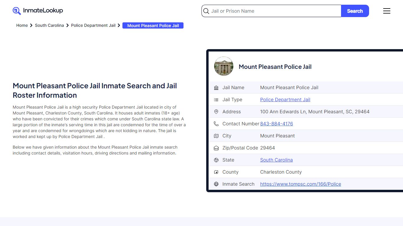 Mount Pleasant Police Jail (SC) Inmate Search South Carolina - Inmate ...